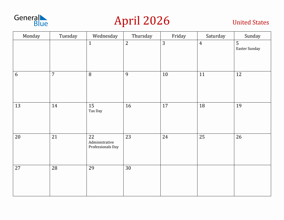 April 2026 United States Monthly Calendar with Holidays