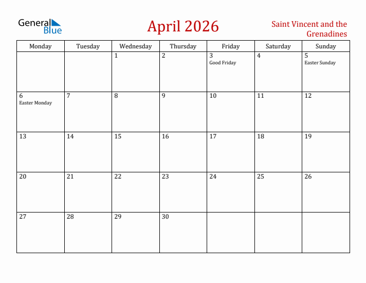 Saint Vincent and the Grenadines April 2026 Calendar - Monday Start