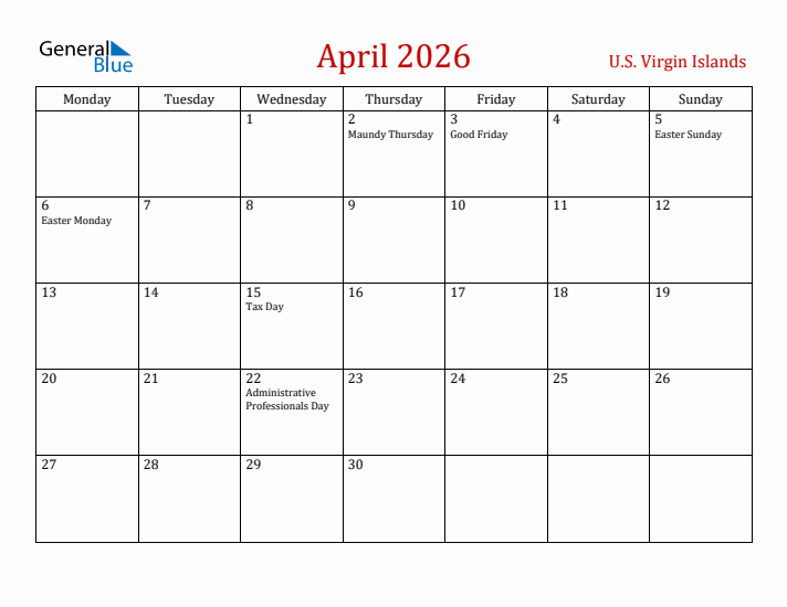 U.S. Virgin Islands April 2026 Calendar - Monday Start