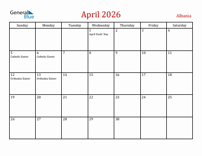 Current month calendar with Albania holidays for April 2026