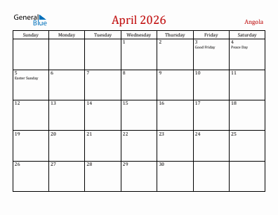 Current month calendar with Angola holidays for April 2026