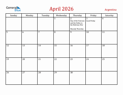Current month calendar with Argentina holidays for April 2026