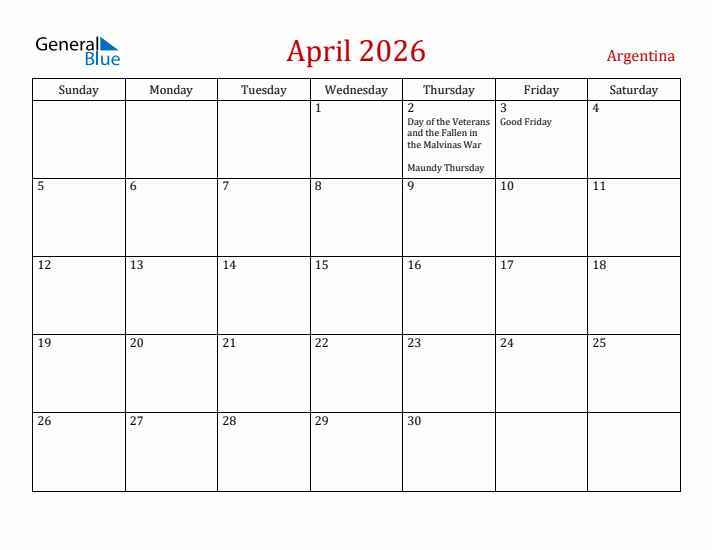 Argentina April 2026 Calendar - Sunday Start