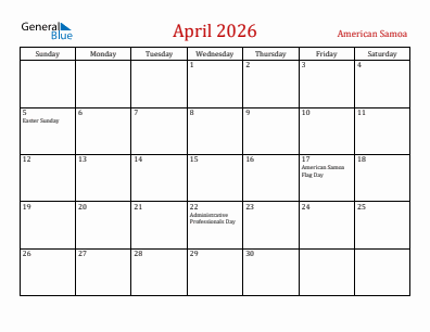 Current month calendar with American Samoa holidays for April 2026