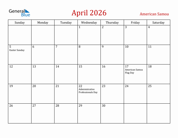American Samoa April 2026 Calendar - Sunday Start