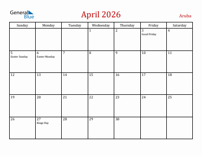 Current month calendar with Aruba holidays for April 2026