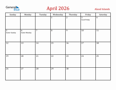 Current month calendar with Aland Islands holidays for April 2026