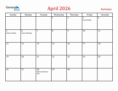 Current month calendar with Barbados holidays for April 2026