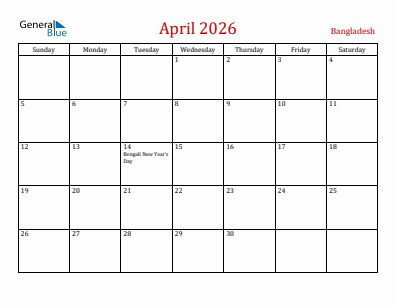 Current month calendar with Bangladesh holidays for April 2026