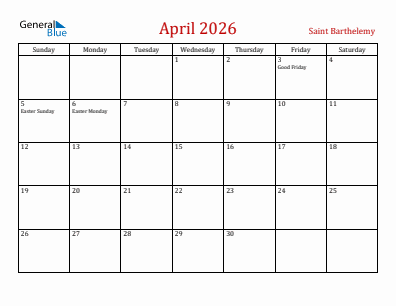 Current month calendar with Saint Barthelemy holidays for April 2026