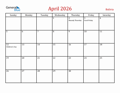 Current month calendar with Bolivia holidays for April 2026
