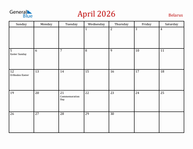 Current month calendar with Belarus holidays for April 2026