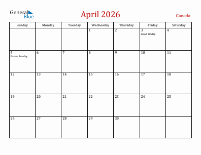 Current month calendar with Canada holidays for April 2026