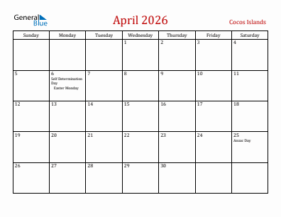 Current month calendar with Cocos Islands holidays for April 2026
