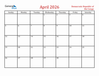 Current month calendar with Democratic Republic of the Congo holidays for April 2026