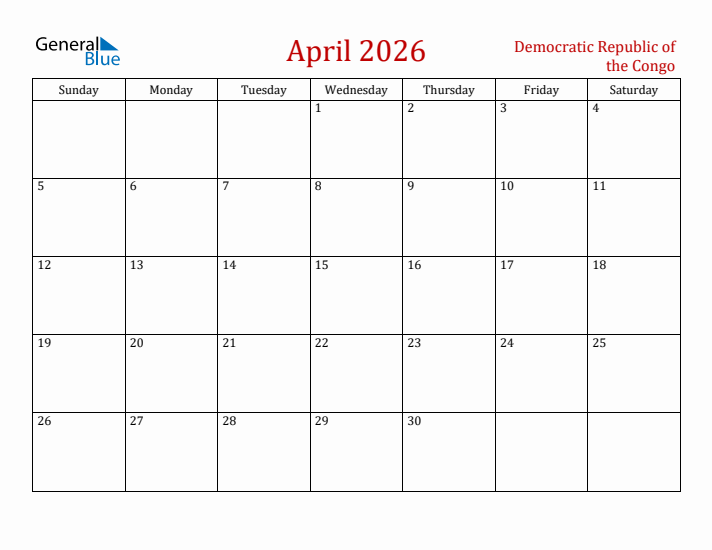 Democratic Republic of the Congo April 2026 Calendar - Sunday Start