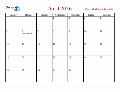 Current month calendar with Central African Republic holidays for April 2026