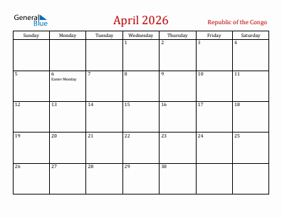 Current month calendar with Republic of the Congo holidays for April 2026