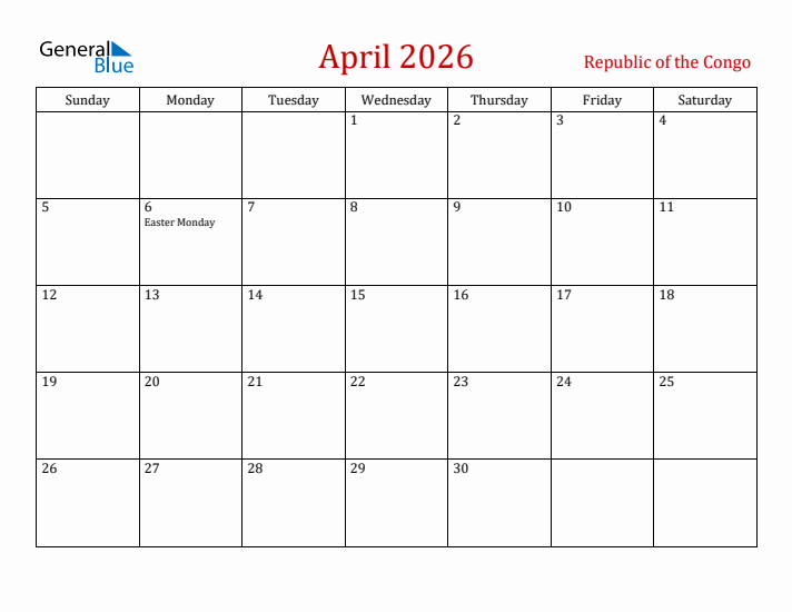 Republic of the Congo April 2026 Calendar - Sunday Start