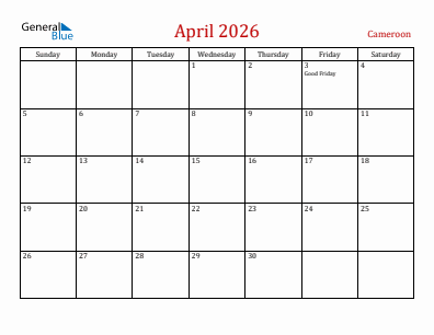 Current month calendar with Cameroon holidays for April 2026