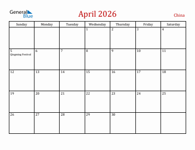 Current month calendar with China holidays for April 2026