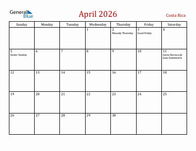 Current month calendar with Costa Rica holidays for April 2026