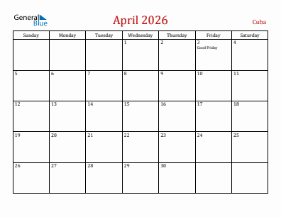 Current month calendar with Cuba holidays for April 2026