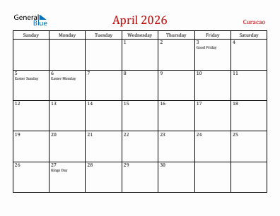 Current month calendar with Curacao holidays for April 2026