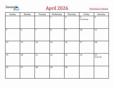 Current month calendar with Christmas Island holidays for April 2026