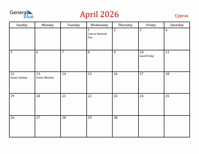 Current month calendar with Cyprus holidays for April 2026