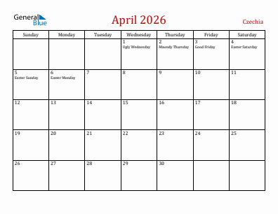 Current month calendar with Czechia holidays for April 2026