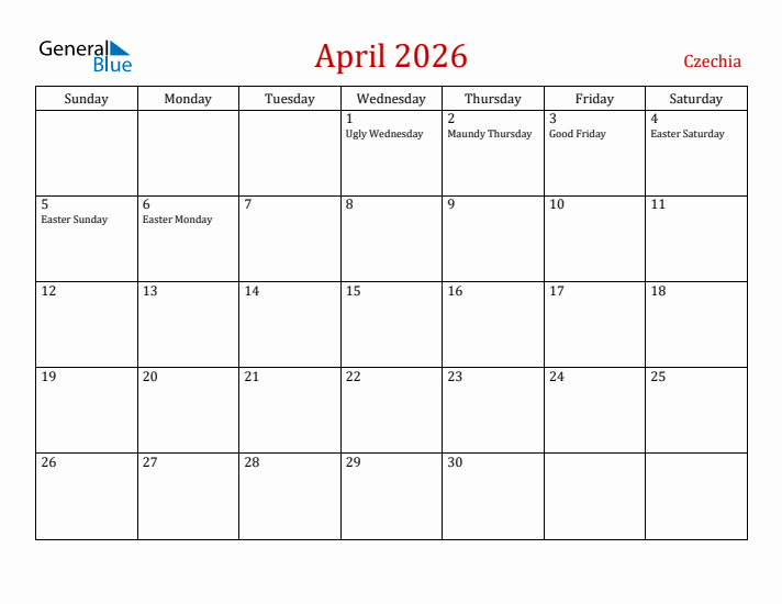 Czechia April 2026 Calendar - Sunday Start