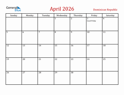 Current month calendar with Dominican Republic holidays for April 2026