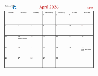 Current month calendar with Egypt holidays for April 2026
