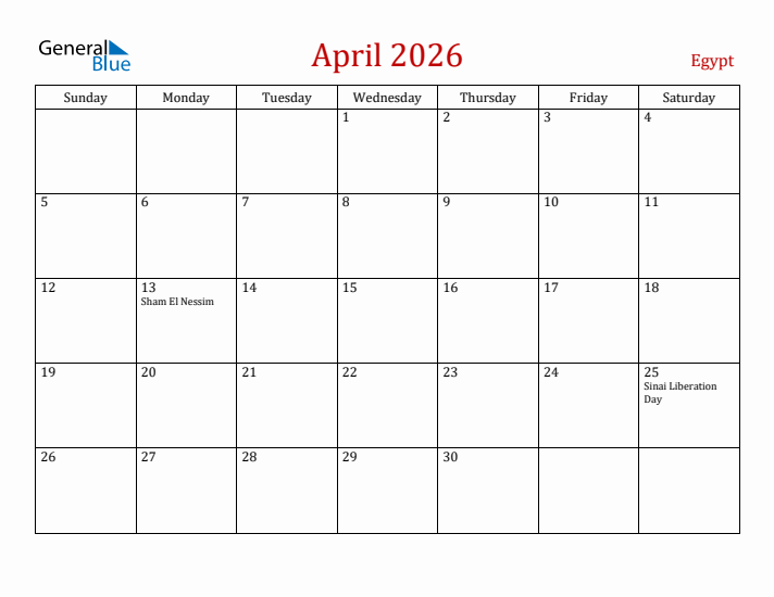Egypt April 2026 Calendar - Sunday Start