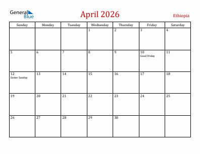 Current month calendar with Ethiopia holidays for April 2026