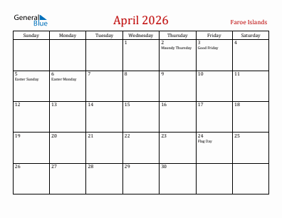 Current month calendar with Faroe Islands holidays for April 2026