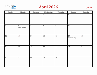 Current month calendar with Gabon holidays for April 2026