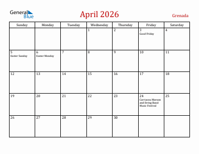 Current month calendar with Grenada holidays for April 2026