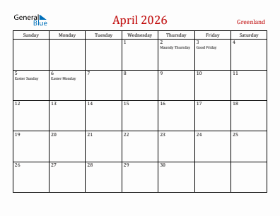 Current month calendar with Greenland holidays for April 2026
