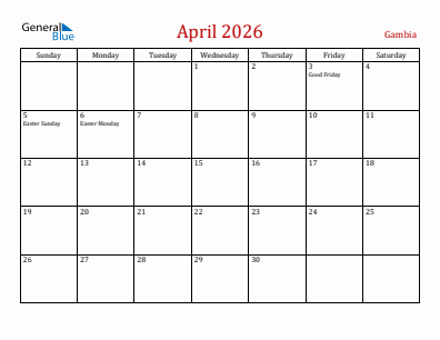 Current month calendar with Gambia holidays for April 2026