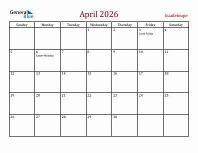 Current month calendar with Guadeloupe holidays for April 2026