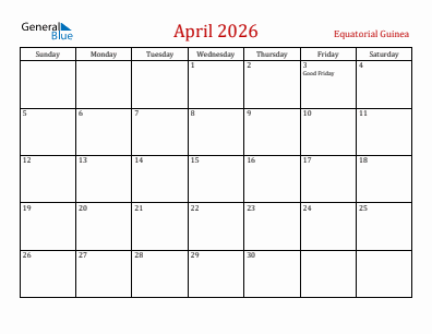 Current month calendar with Equatorial Guinea holidays for April 2026