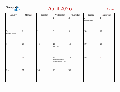 Current month calendar with Guam holidays for April 2026