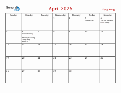 Current month calendar with Hong Kong holidays for April 2026