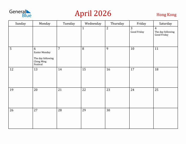 Hong Kong April 2026 Calendar - Sunday Start