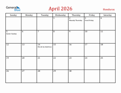 Current month calendar with Honduras holidays for April 2026