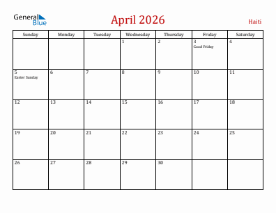 Current month calendar with Haiti holidays for April 2026