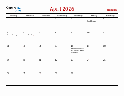 Current month calendar with Hungary holidays for April 2026