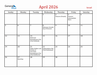 Current month calendar with Israel holidays for April 2026